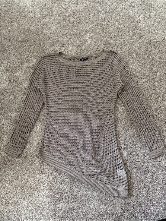 Apt. 9 Sweaters - Open-Knit Asymmetric Scoop Neck Sweater in Taupe and gold
